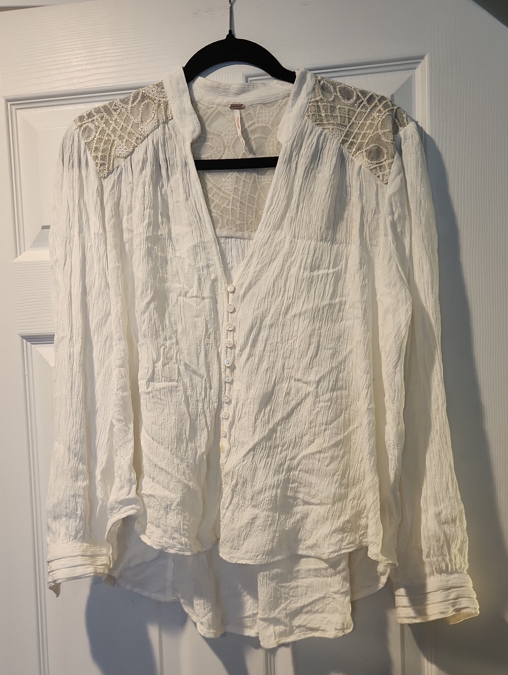 Free People Cream Button-Front Lace Shoulder Blouse